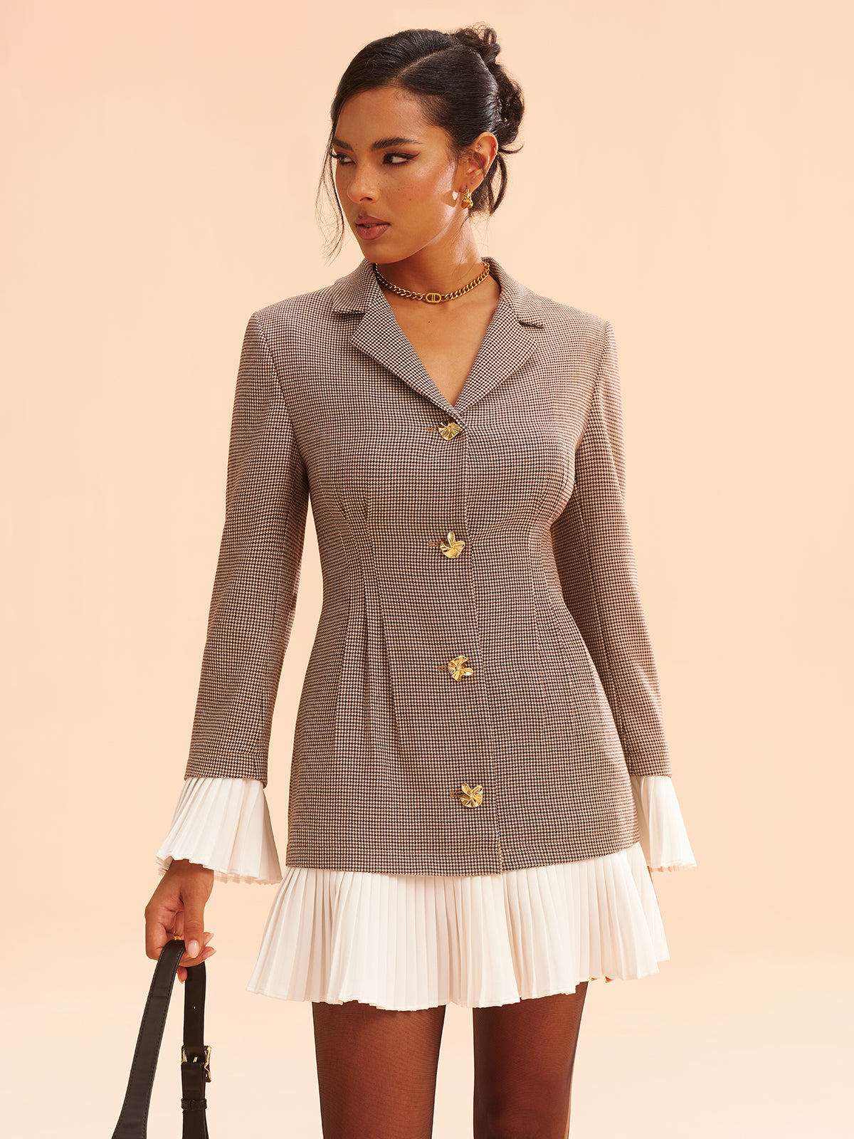Pleated Hem Panel Houndstooth Blazer Dress-Chicvia