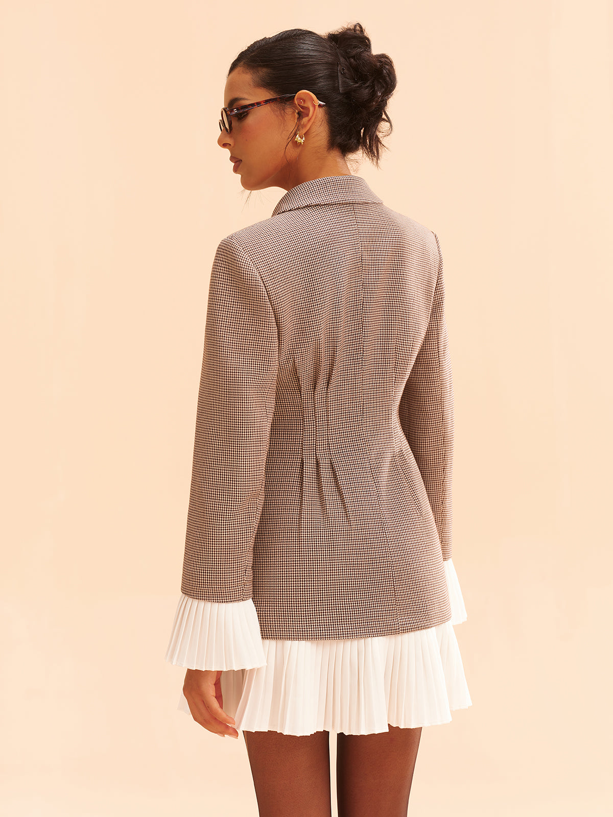 Pleated Hem Panel Houndstooth Blazer Dress-Chicvia