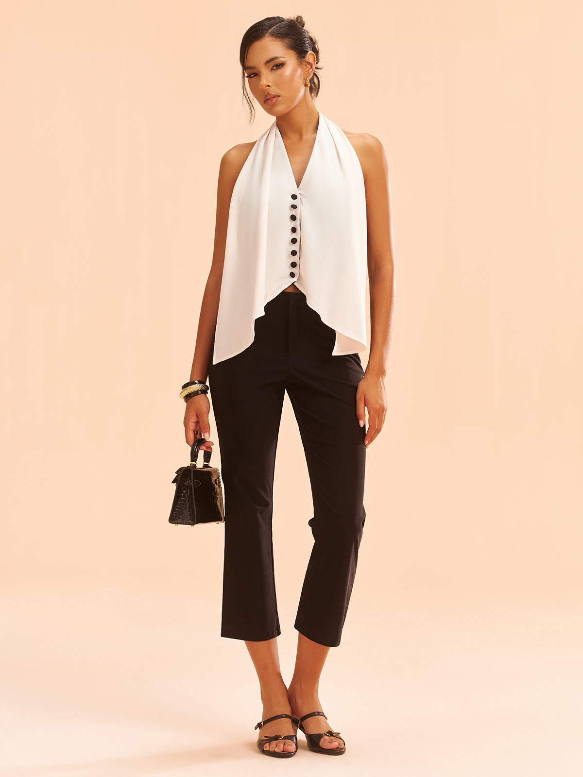 Color-Block Halter Neck Backless Button Top-Chicvia