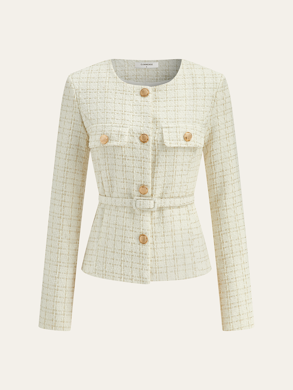 Metal Button Tweed Belted Blazer-Chicvia