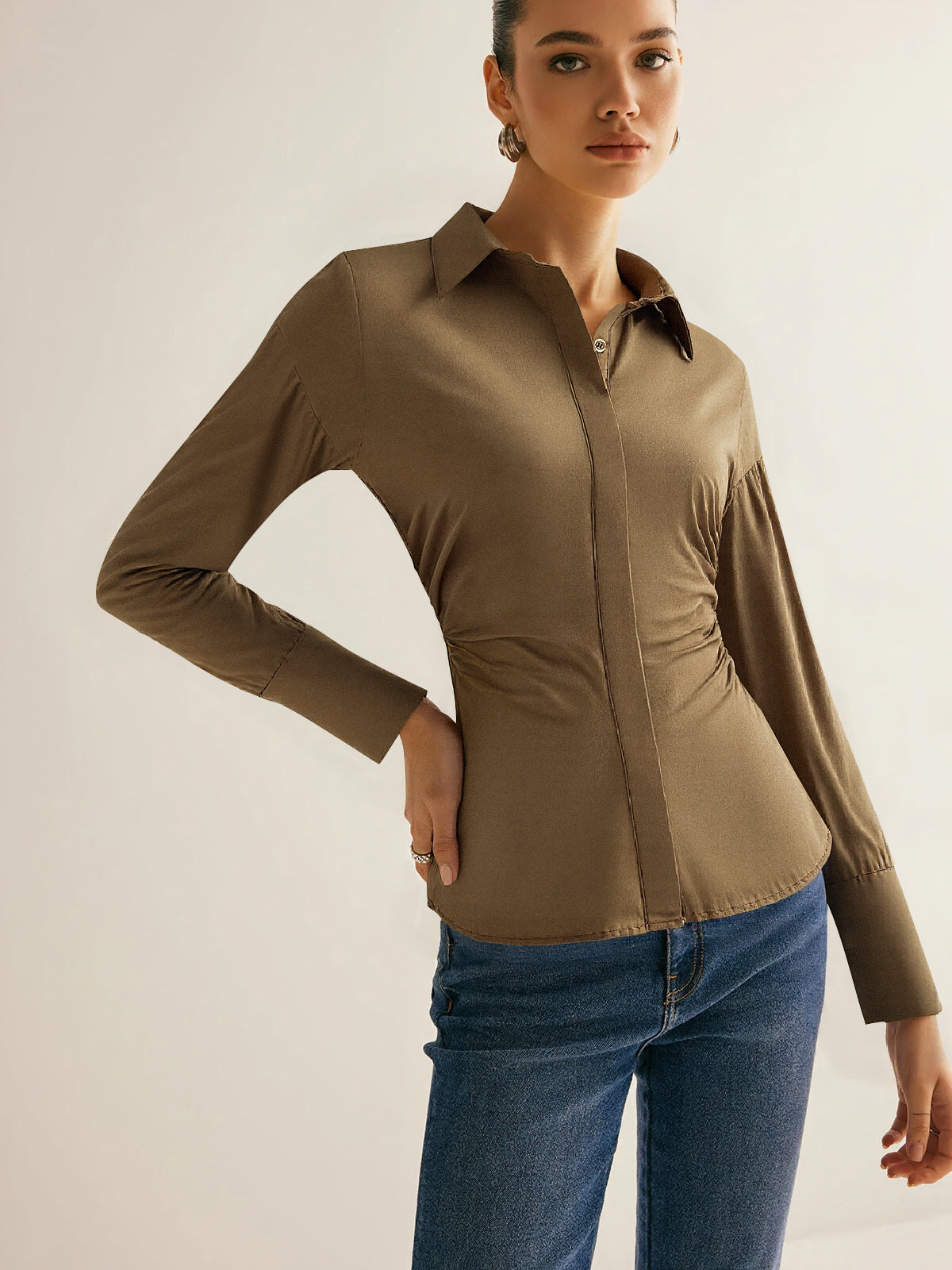 Cotton Blend Ruched Long Sleeve Shirt-Chicvia