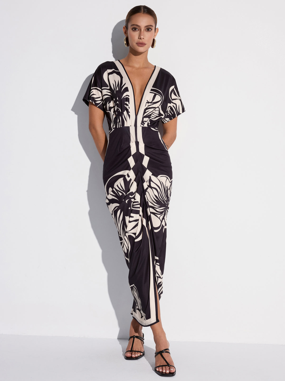 Floral Printed Ruched Deep V-Neck Midi Dress-Chicvia