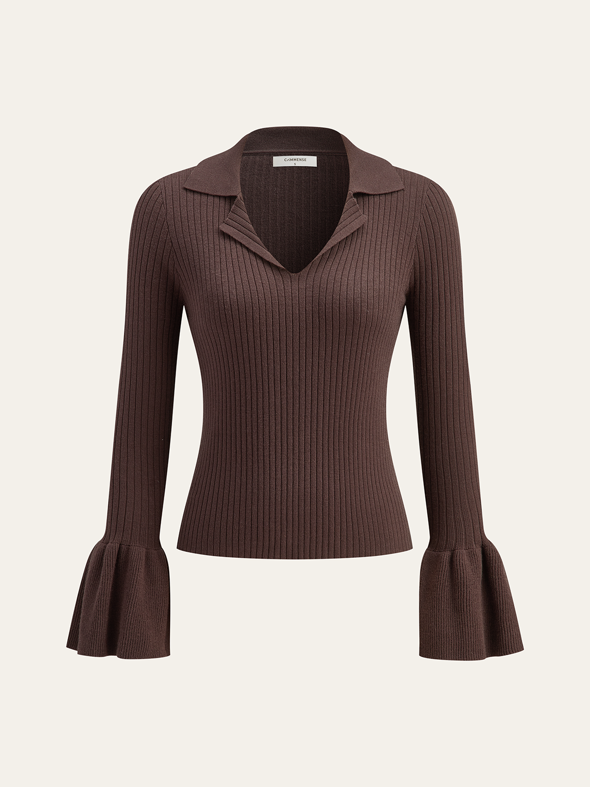 Flared Cuff Polo-Collar Sweater-Chicvia
