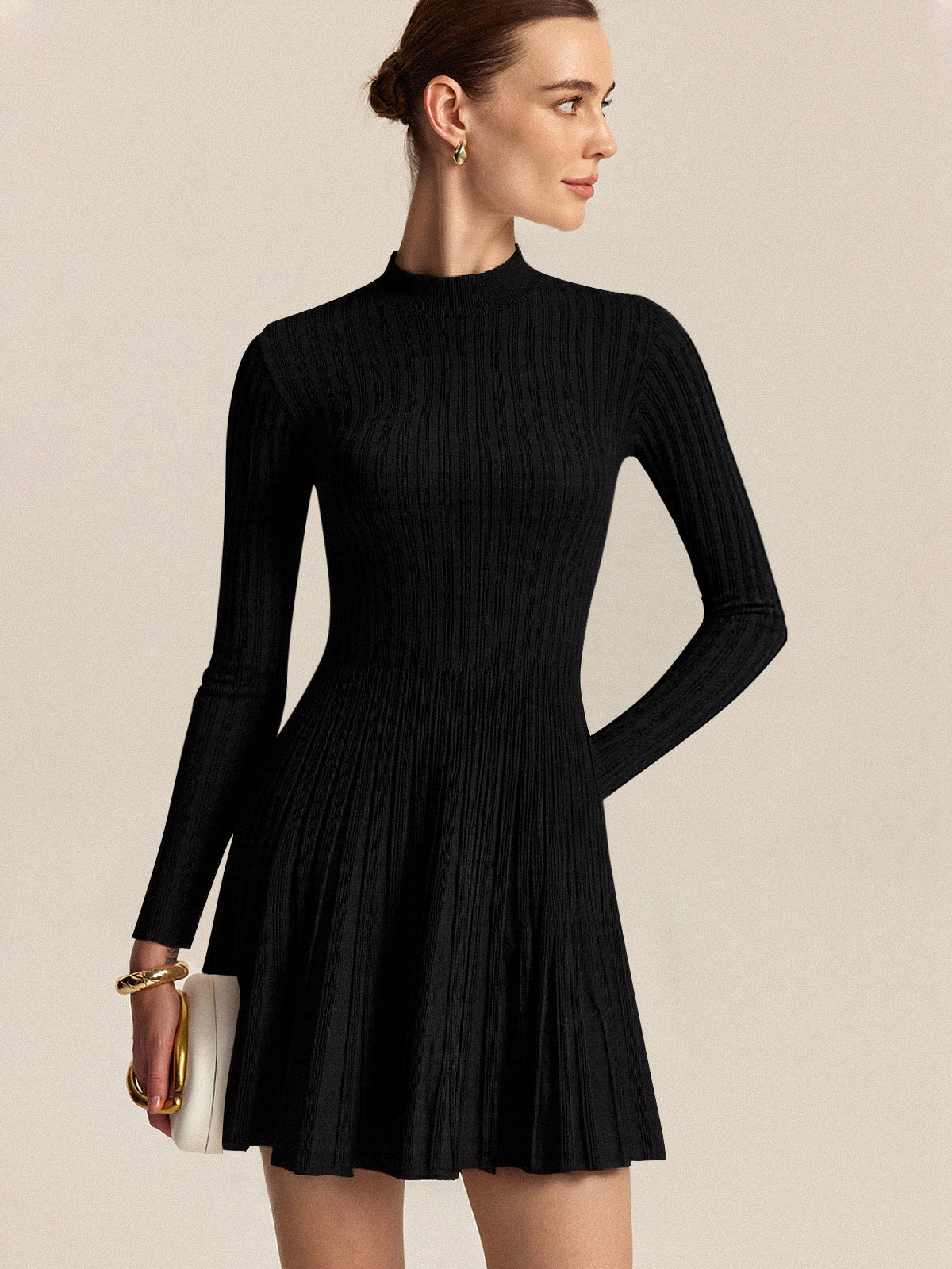 Mock Neck Flared Sweater Dress-Chicvia