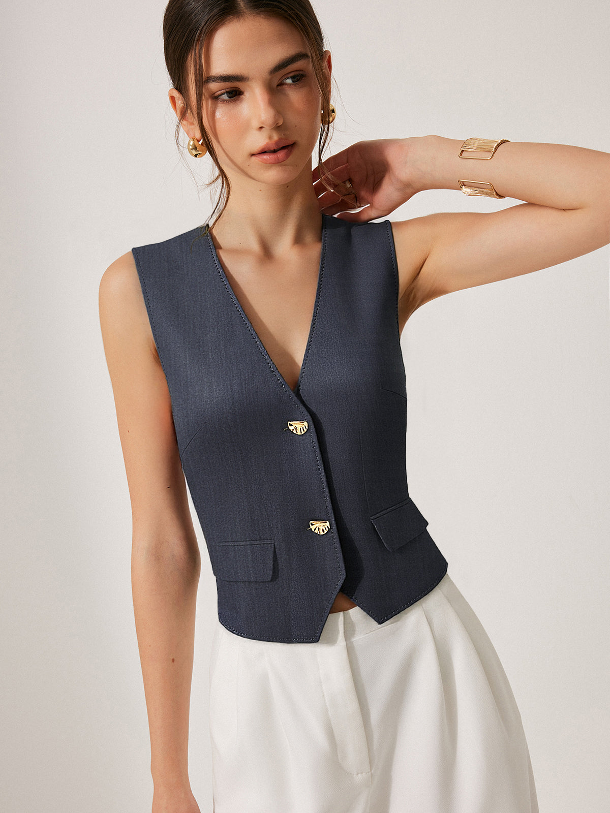 Metal Button V-Neck Vest-Chicvia