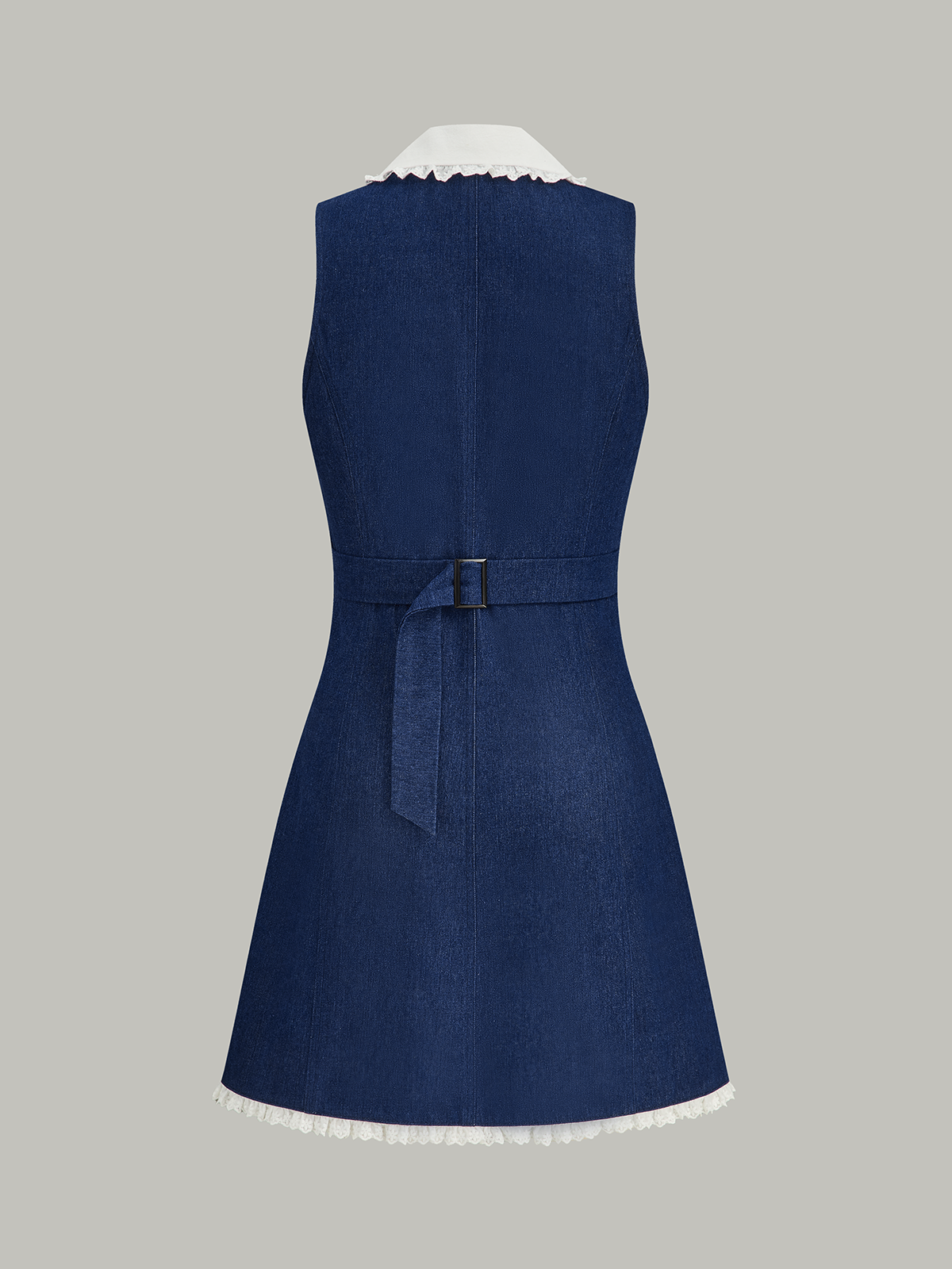 Denim Lace Trim Lapel Mini Dress-Chicvia