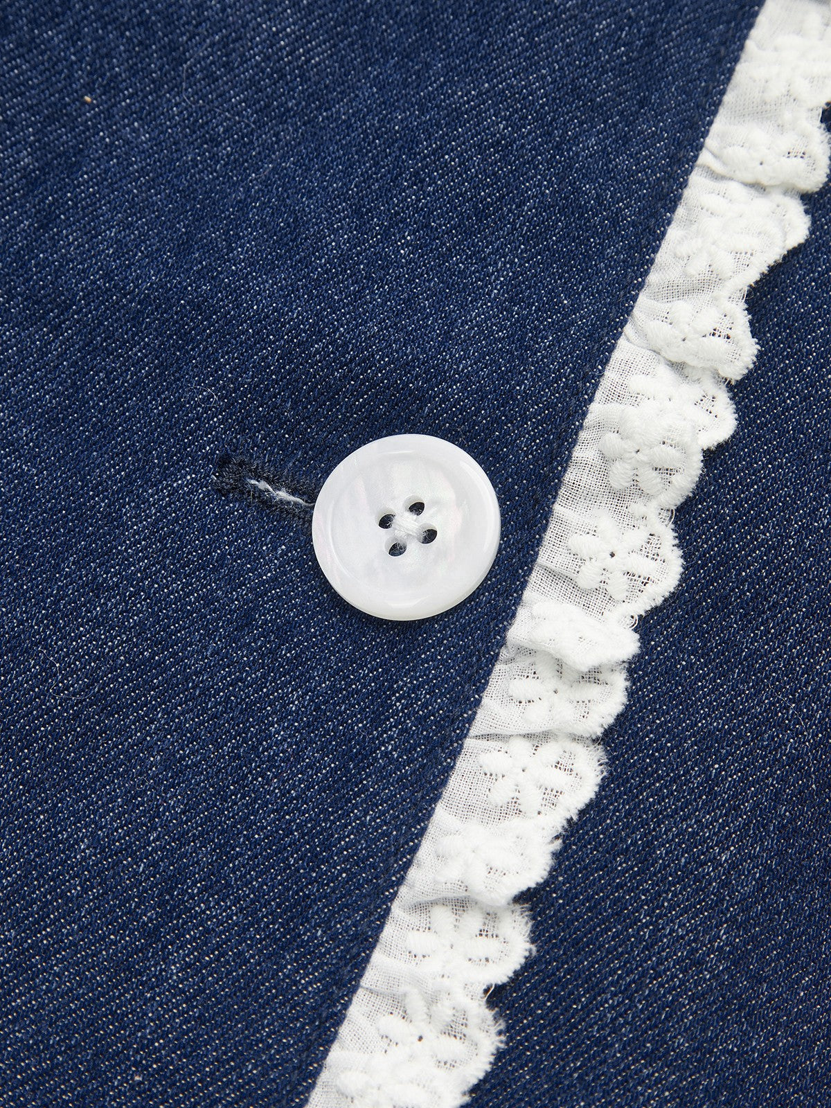 Denim Lace Trim Lapel Mini Dress-Chicvia