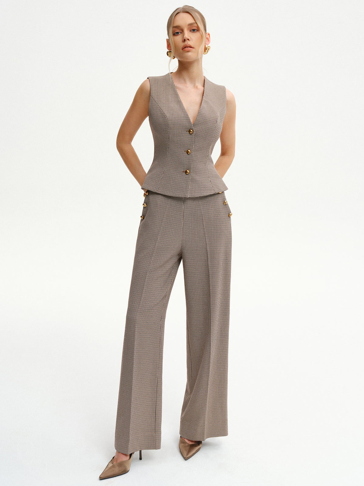 Houndstooth V-Neck Button Vest-Chicvia