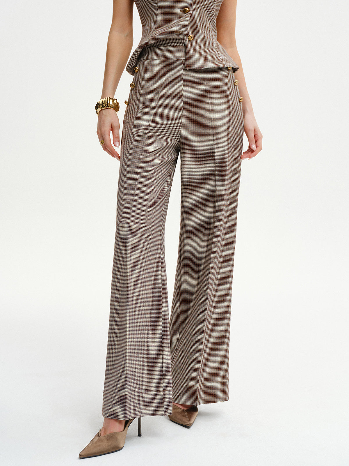 Houndstooth Metal Detail Mid-Waist Pants-Chicvia