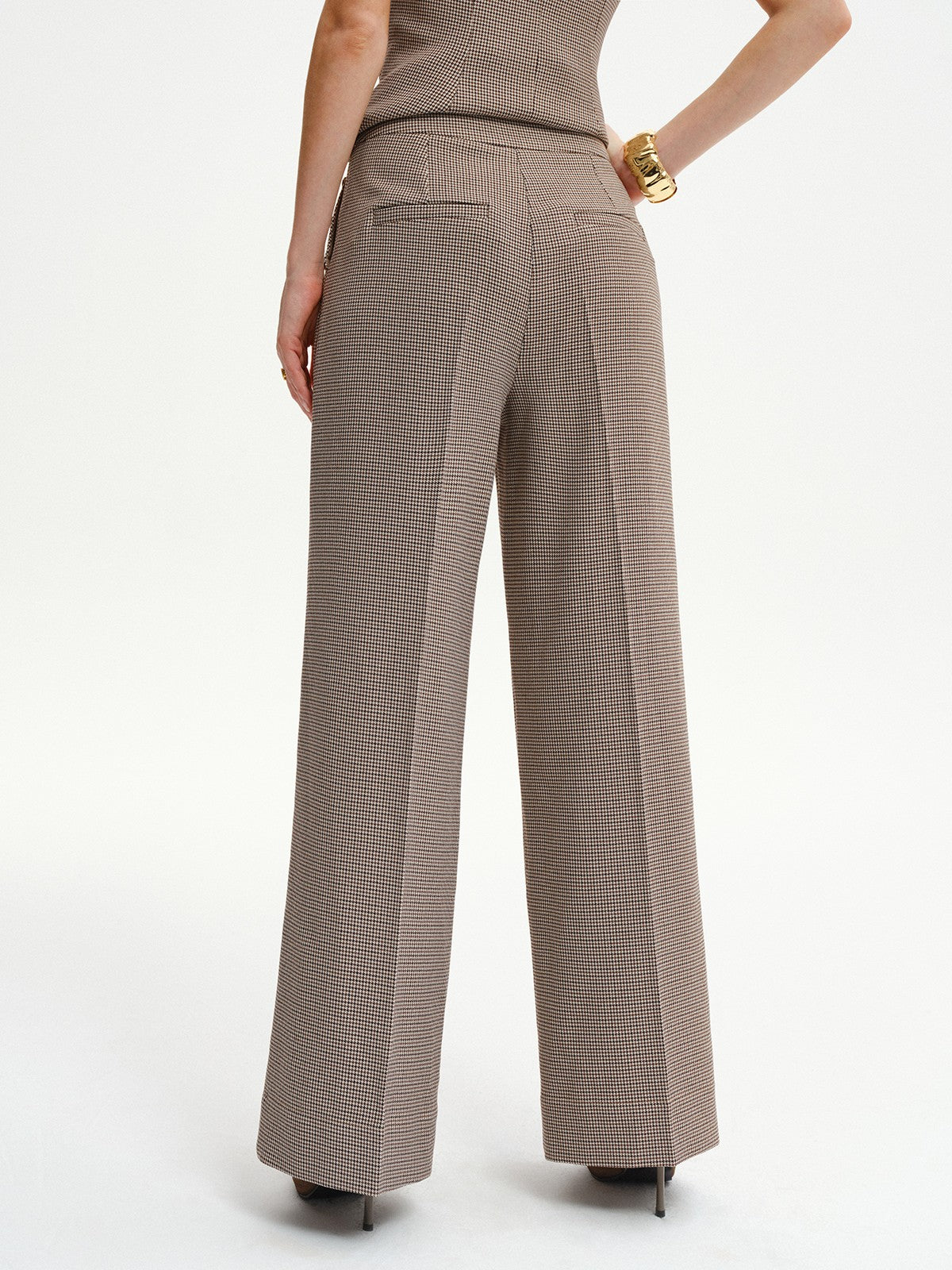 Houndstooth Metal Detail Mid-Waist Pants-Chicvia