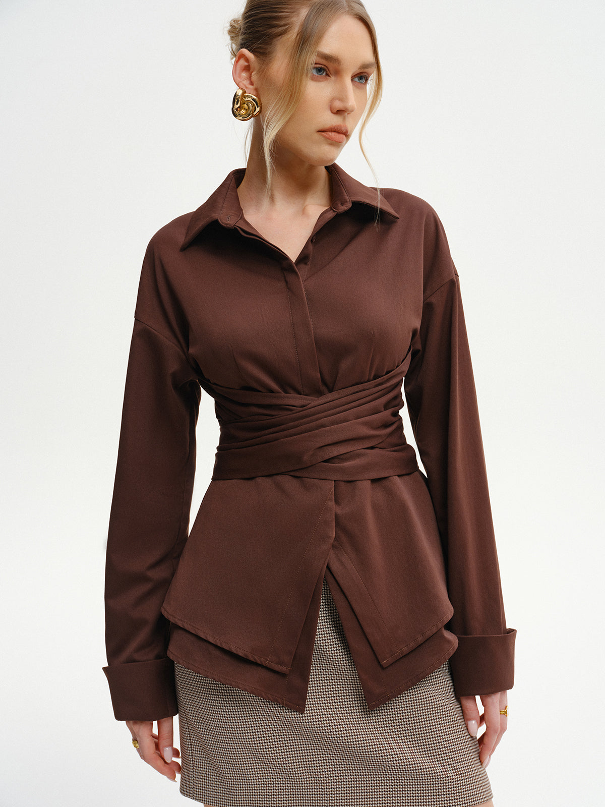 Long-Sleeve Wrap-Waist Back-Bow Shirt-Chicvia