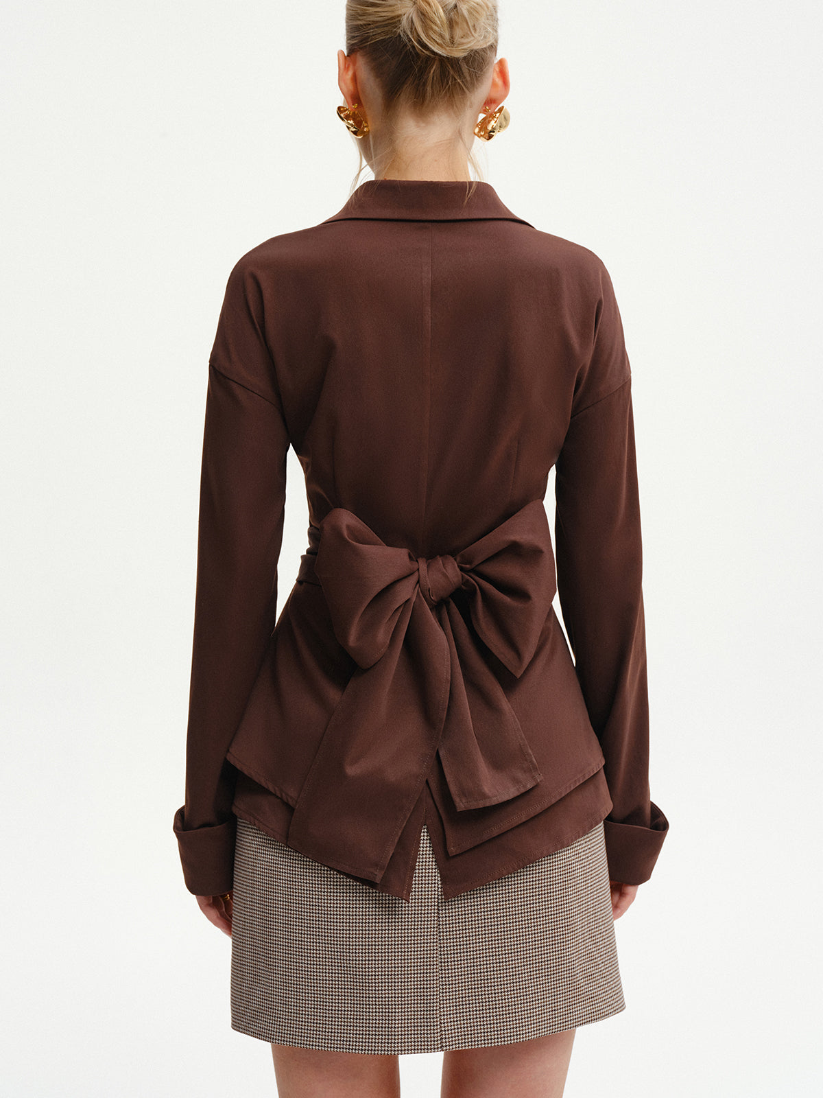 Long-Sleeve Wrap-Waist Back-Bow Shirt-Chicvia
