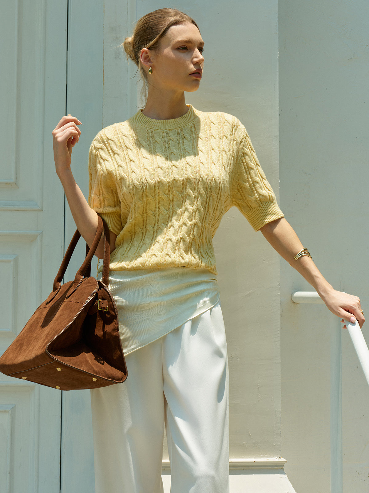 Cable Knit Short Sleeve Sweater-Chicvia