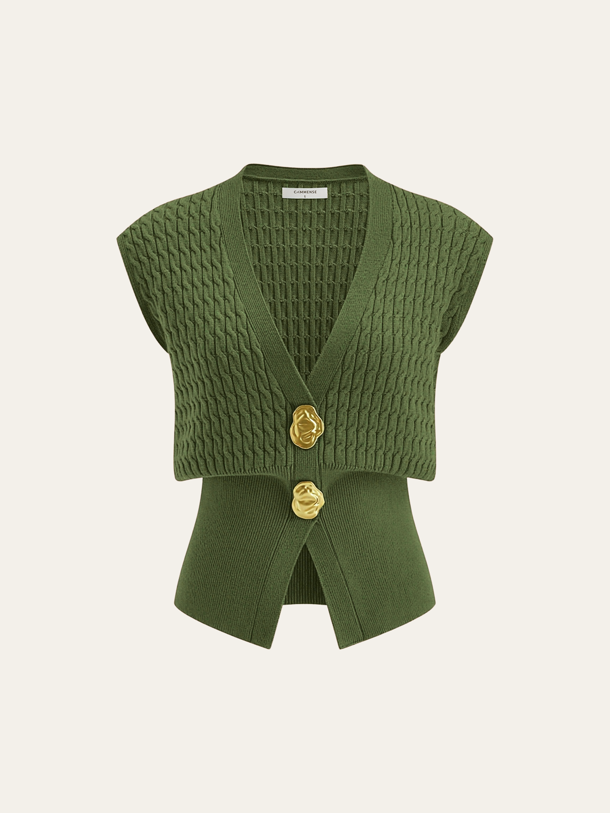 Metal Button Cable Knit Waist-Cinching Vest-Chicvia