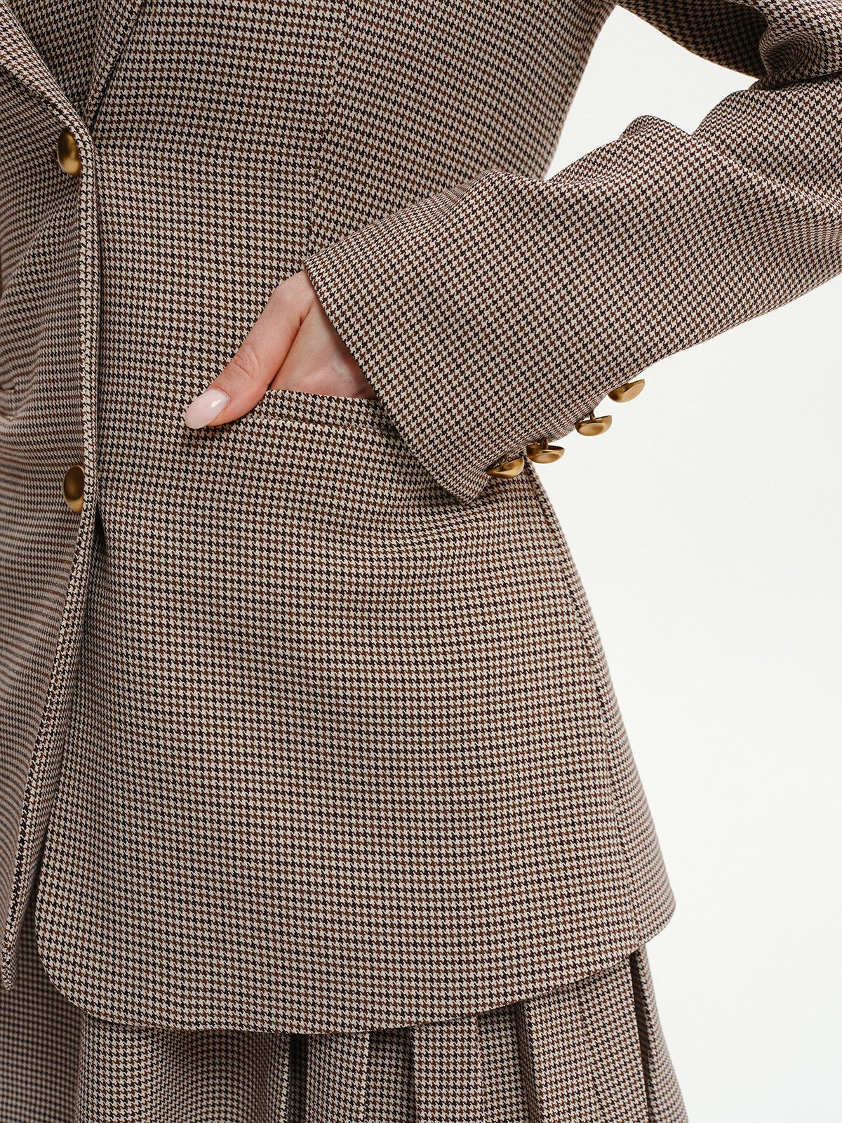 Houndstooth Metal Button Blazer-Chicvia