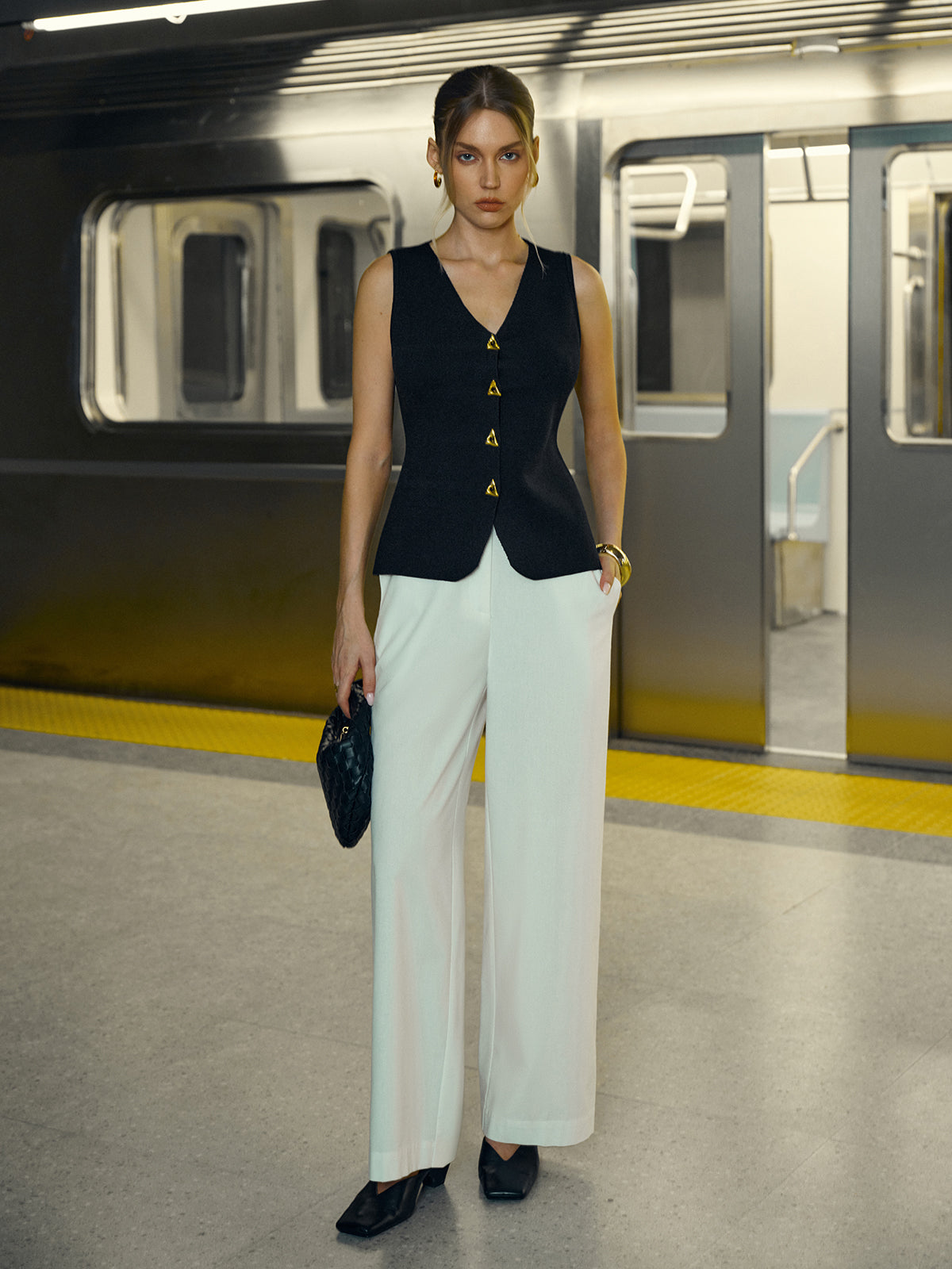 Metal Triangle Button Sweater Vest-Chicvia