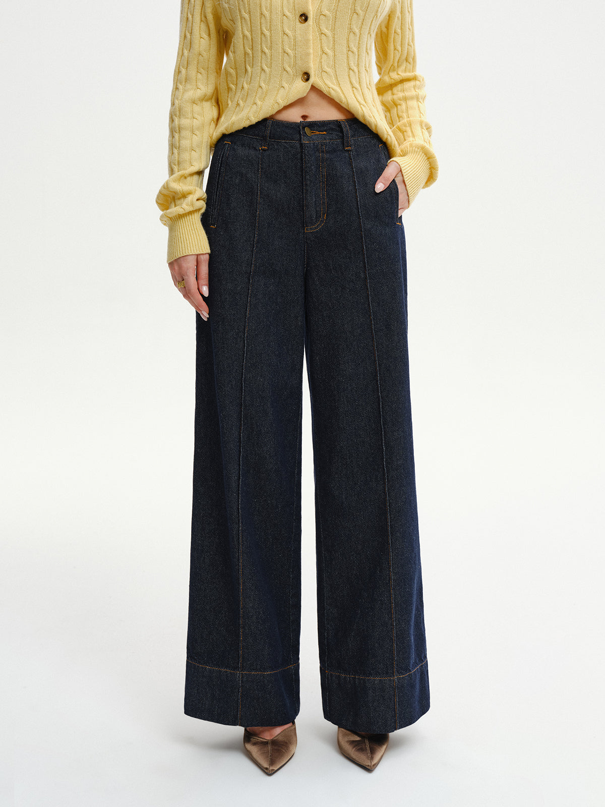 High-Waist Wide-Leg Denim Jeans-Chicvia
