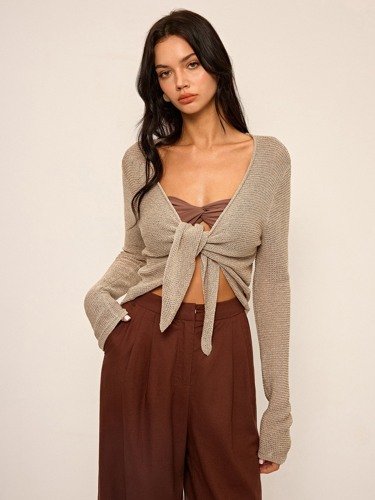 Knotted Front Long Sleeve Knit Top-Chicvia