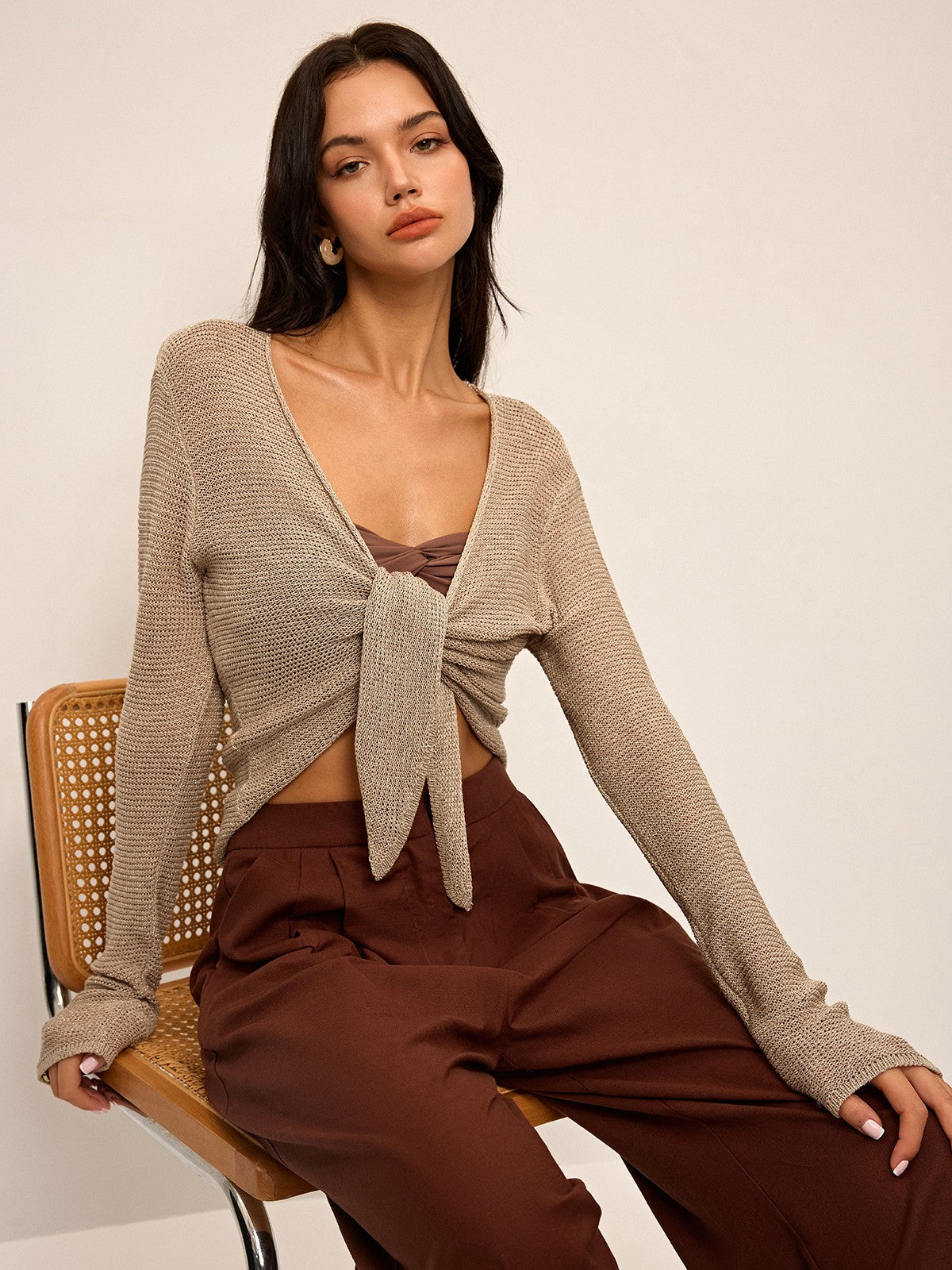 Knotted Front Long Sleeve Knit Top-Chicvia