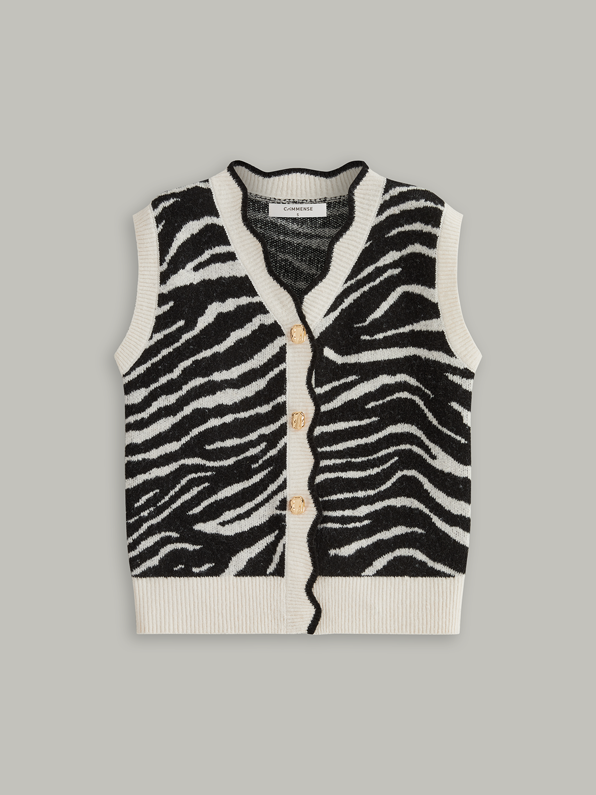 Metal Button Zebra-Striped Knit Vest-Chicvia
