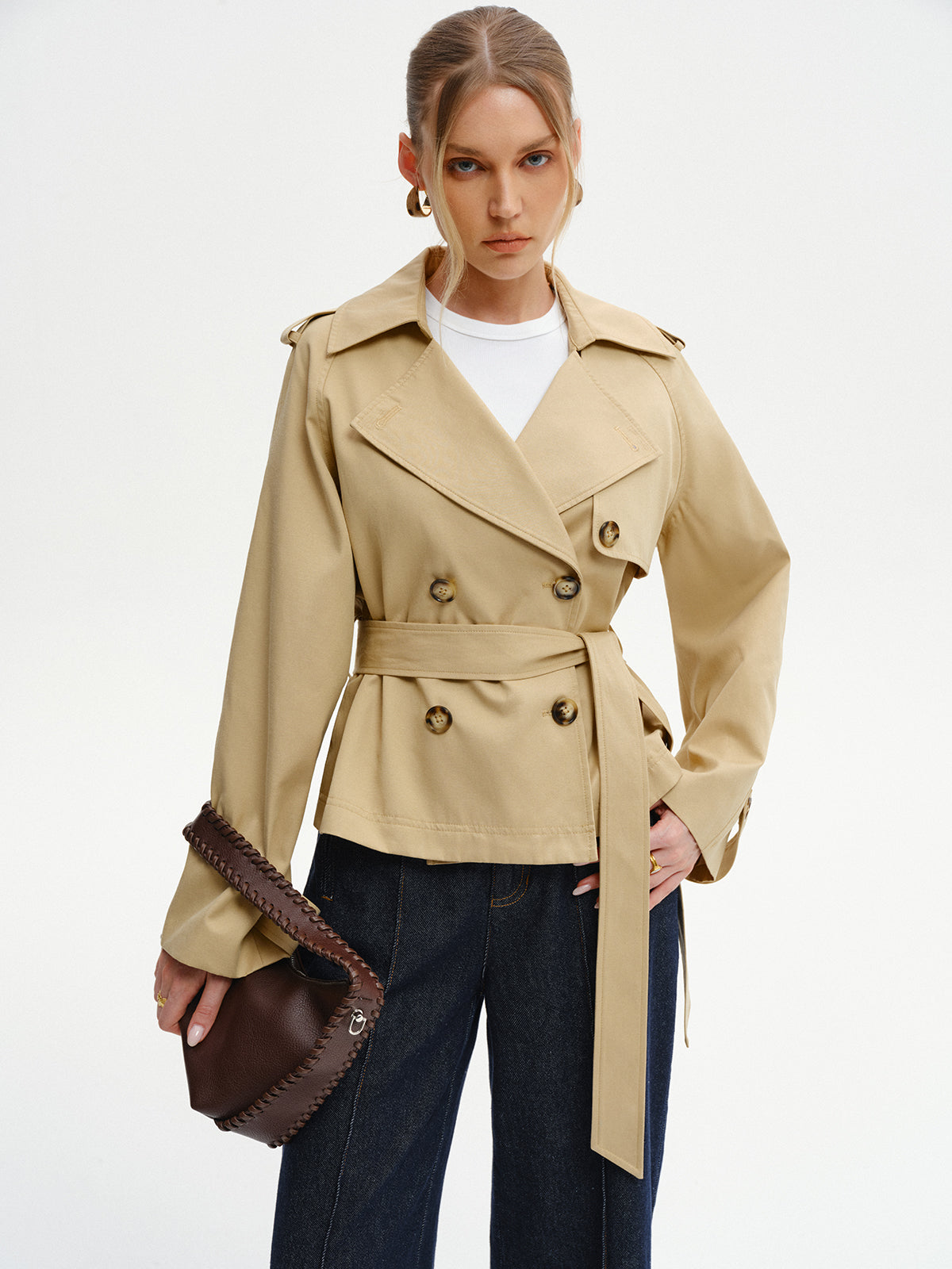 Double-Breasted Belted Trench Coat-Chicvia