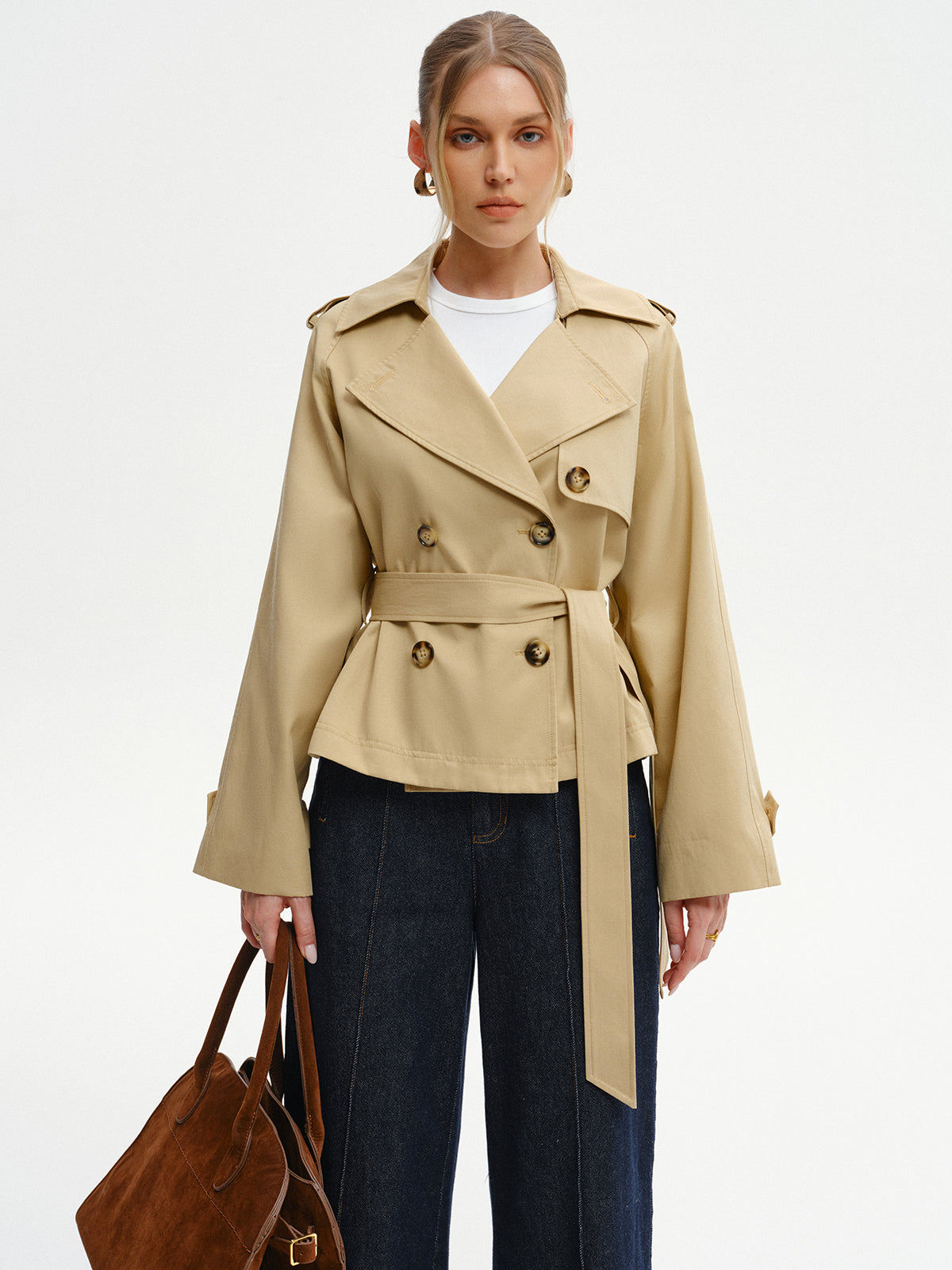 Double-Breasted Belted Trench Coat-Chicvia