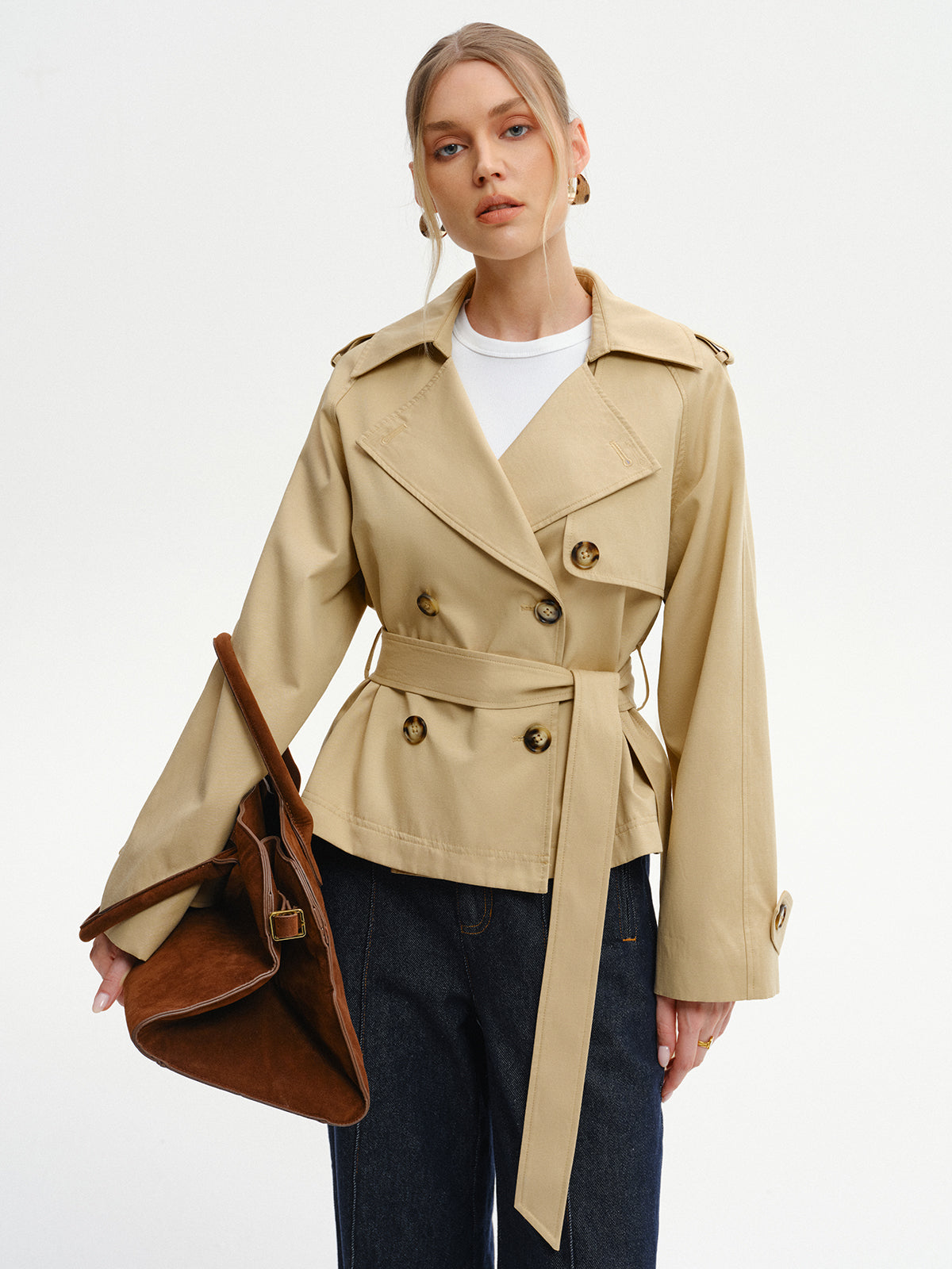 Double-Breasted Belted Trench Coat-Chicvia