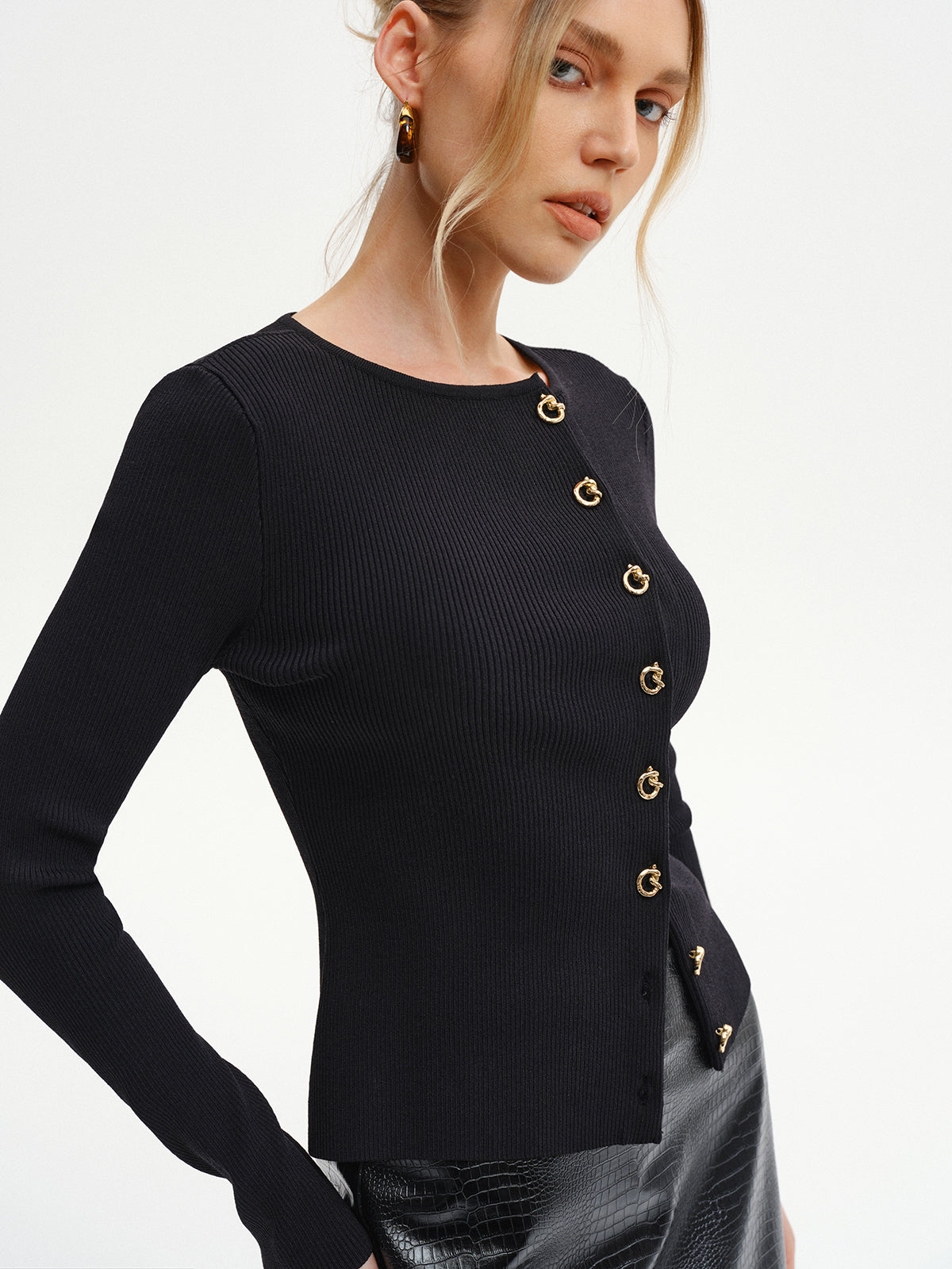 Metal Button Ribbed Knit Cardigan-Chicvia