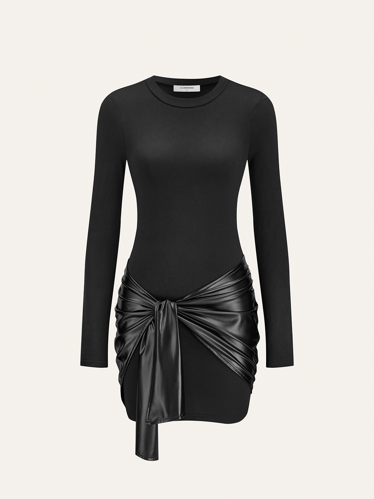 Faux Leather Paneled Knit Long Sleeve Mini Dress-Chicvia