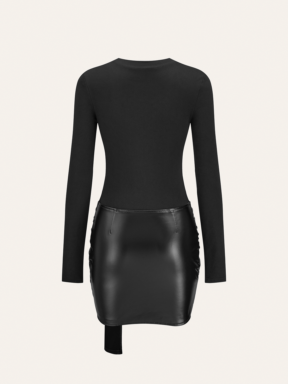 Faux Leather Paneled Knit Long Sleeve Mini Dress-Chicvia