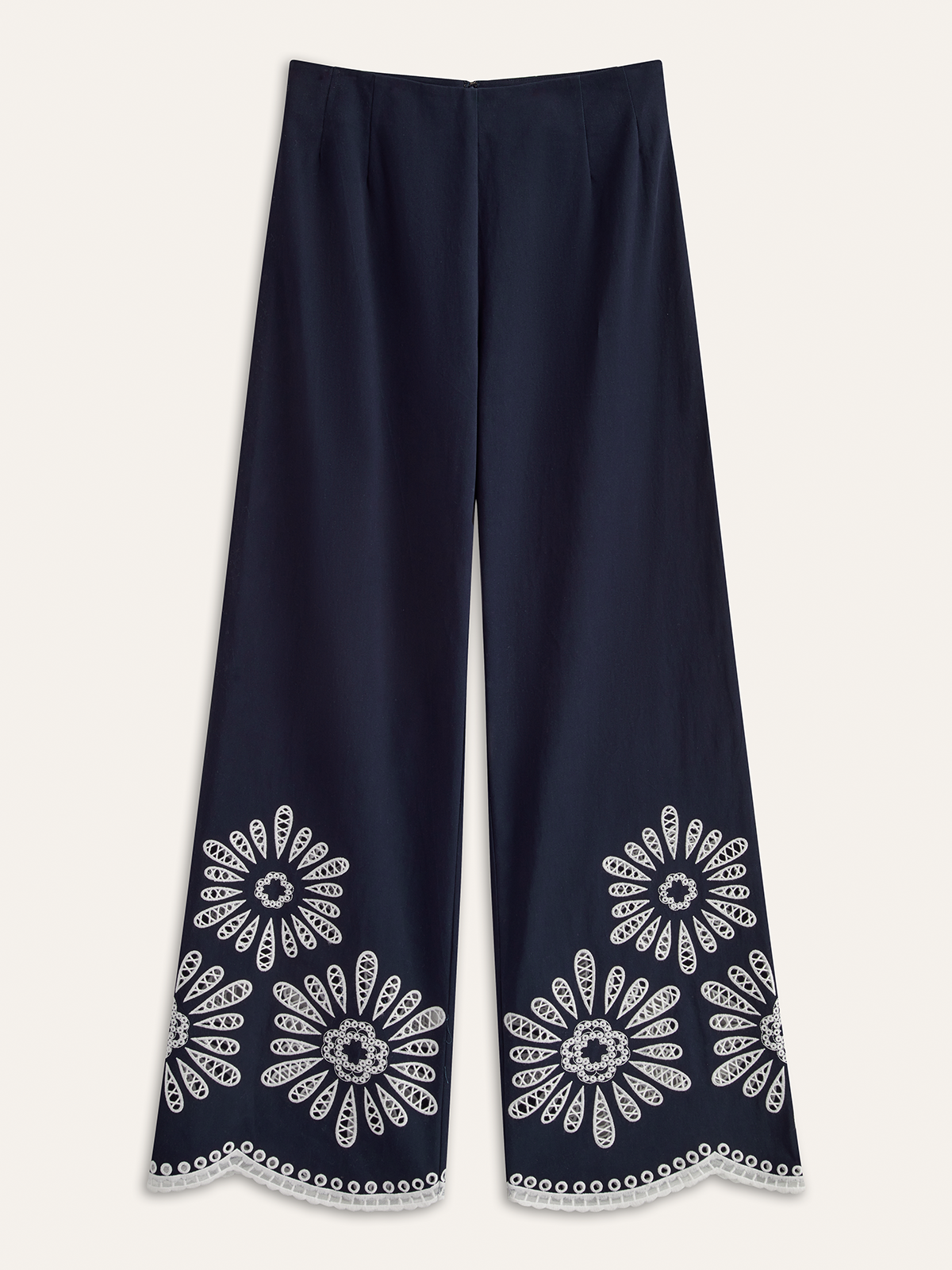 Floral Eyelet Embroidery Cotton Blend Pants-Chicvia