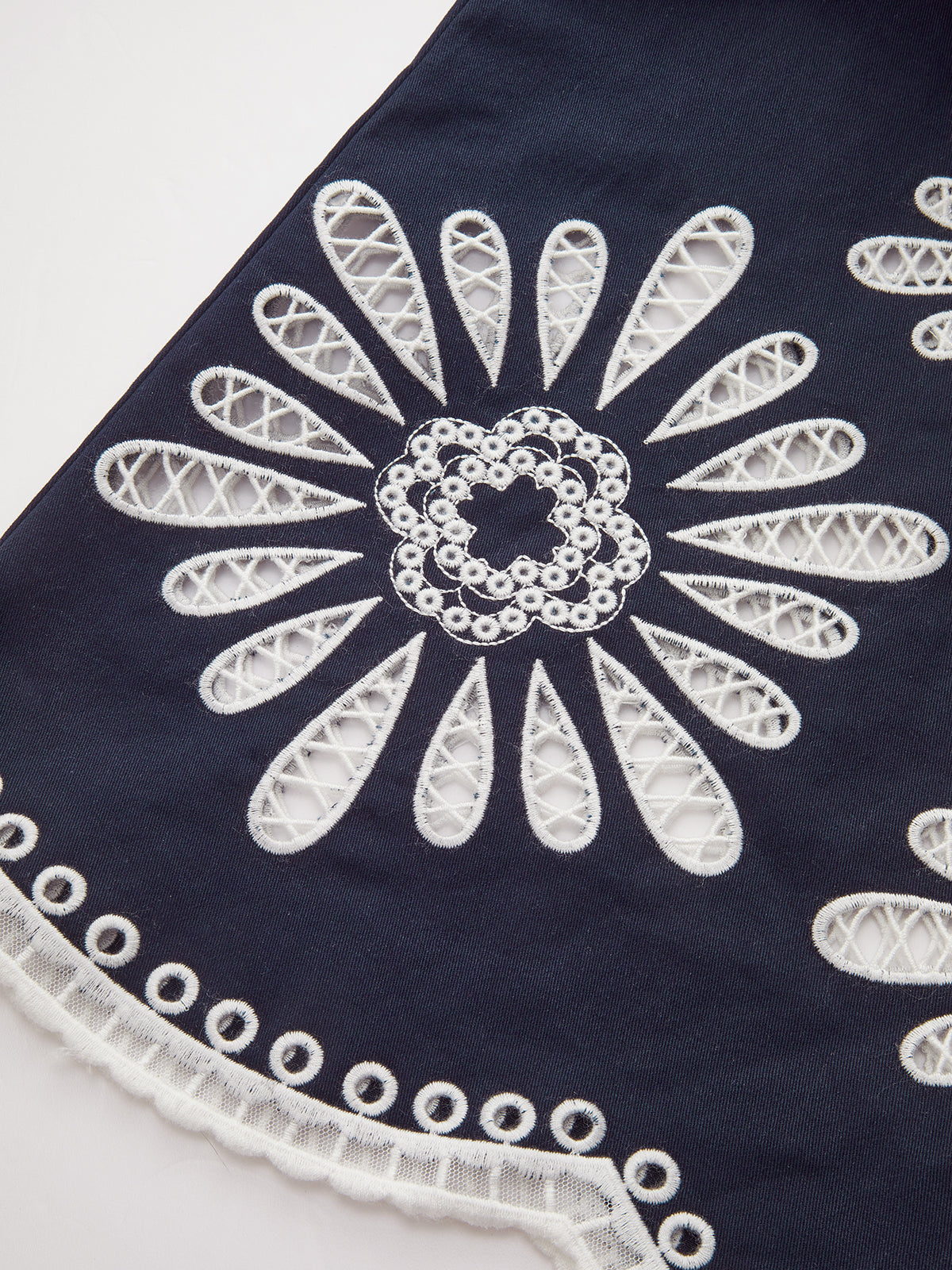 Floral Eyelet Embroidery Cotton Blend Pants-Chicvia