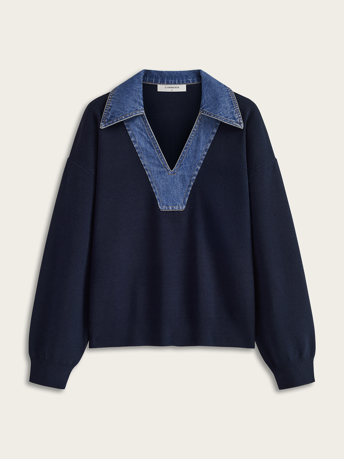 Denim Collar V-Neck Sweater-Chicvia
