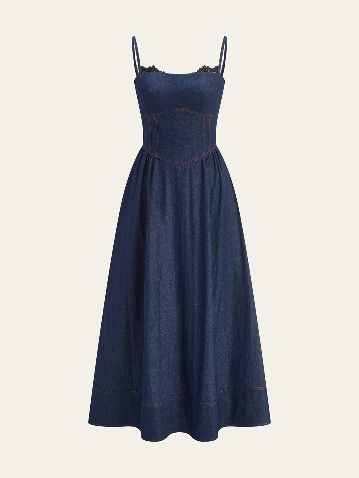 Lace Trim Denim Cami Maxi Dress-Chicvia
