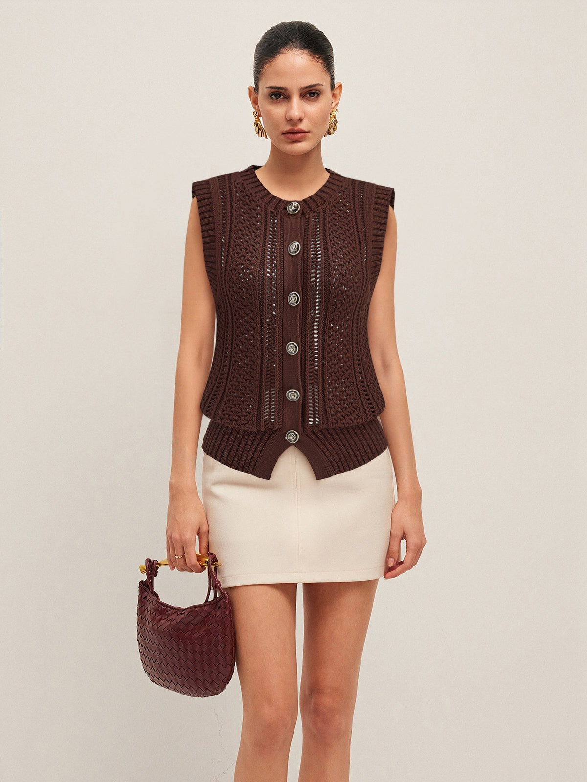 Button Front Sweater Vest-Chicvia