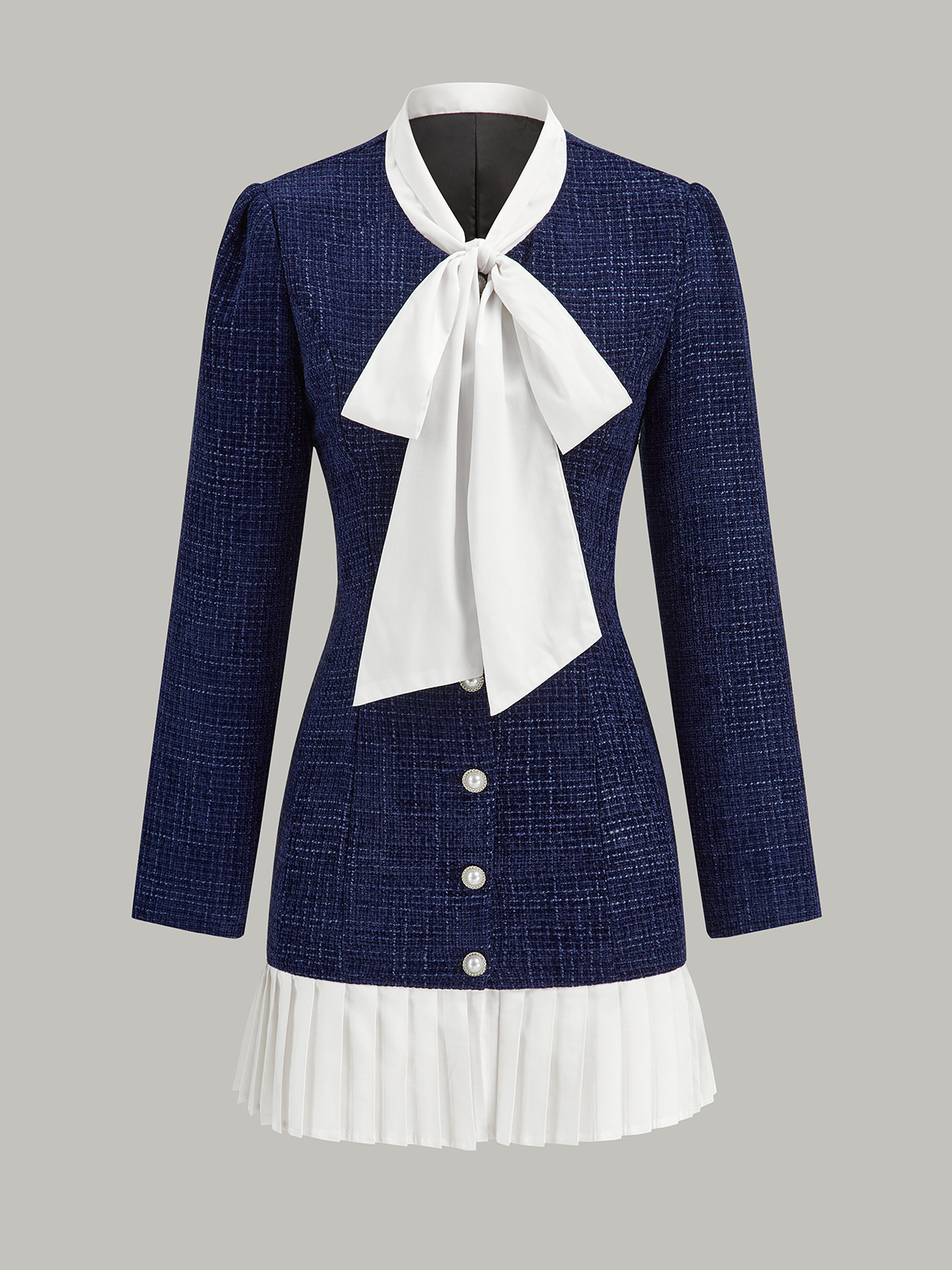 Pleated Hem Bow Neckline Tweed Mini Dress-Chicvia