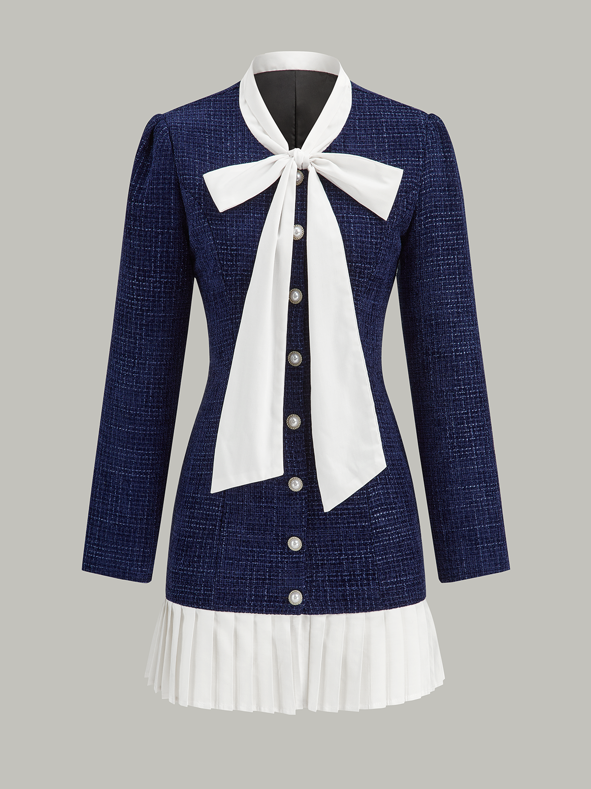 Pleated Hem Bow Neckline Tweed Mini Dress-Chicvia