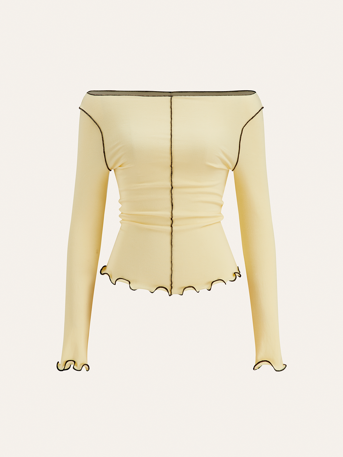 Long Sleeve Contrast Trim Ruffled T-Shirt-Chicvia