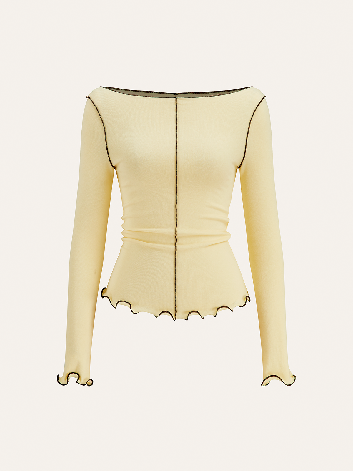 Long Sleeve Contrast Trim Ruffled T-Shirt-Chicvia