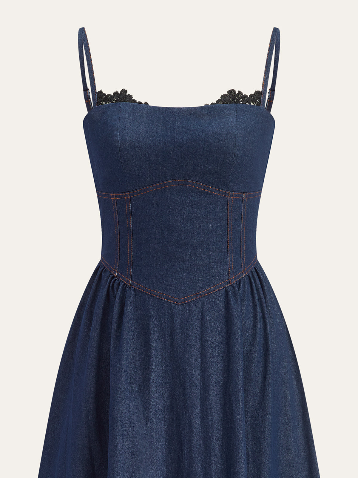 Lace Trim Denim Cami Maxi Dress-Chicvia