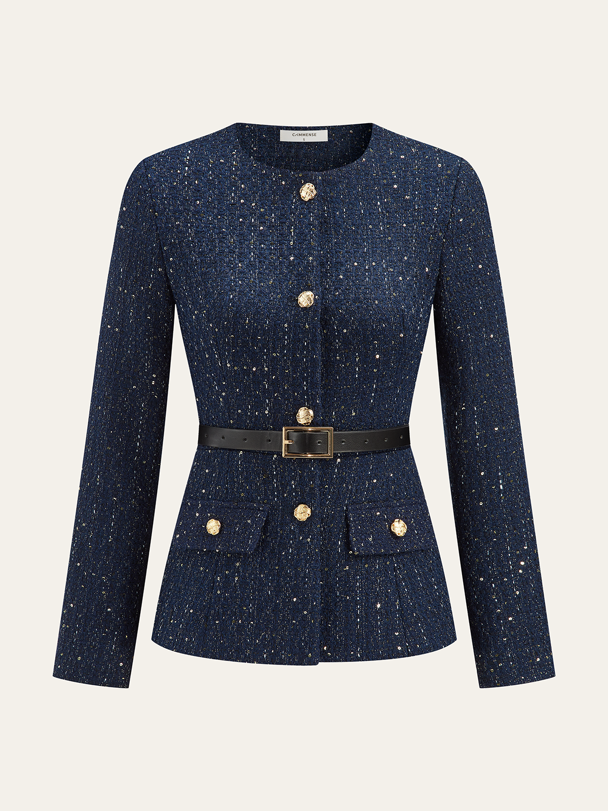 Metal Button Belted Tweed Jacket-Chicvia