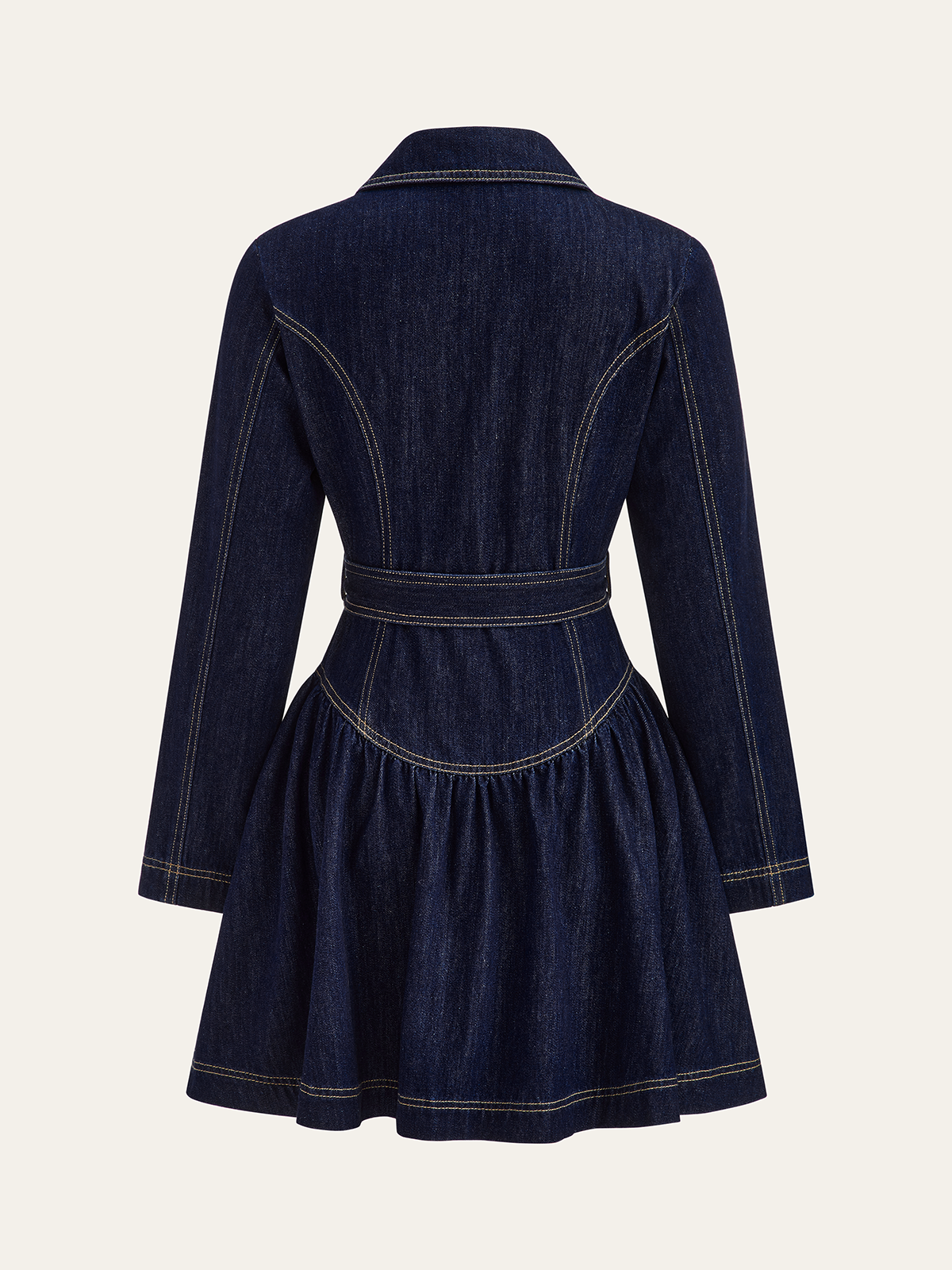 Metal Button Belted Denim Flare Mini Dress-Chicvia