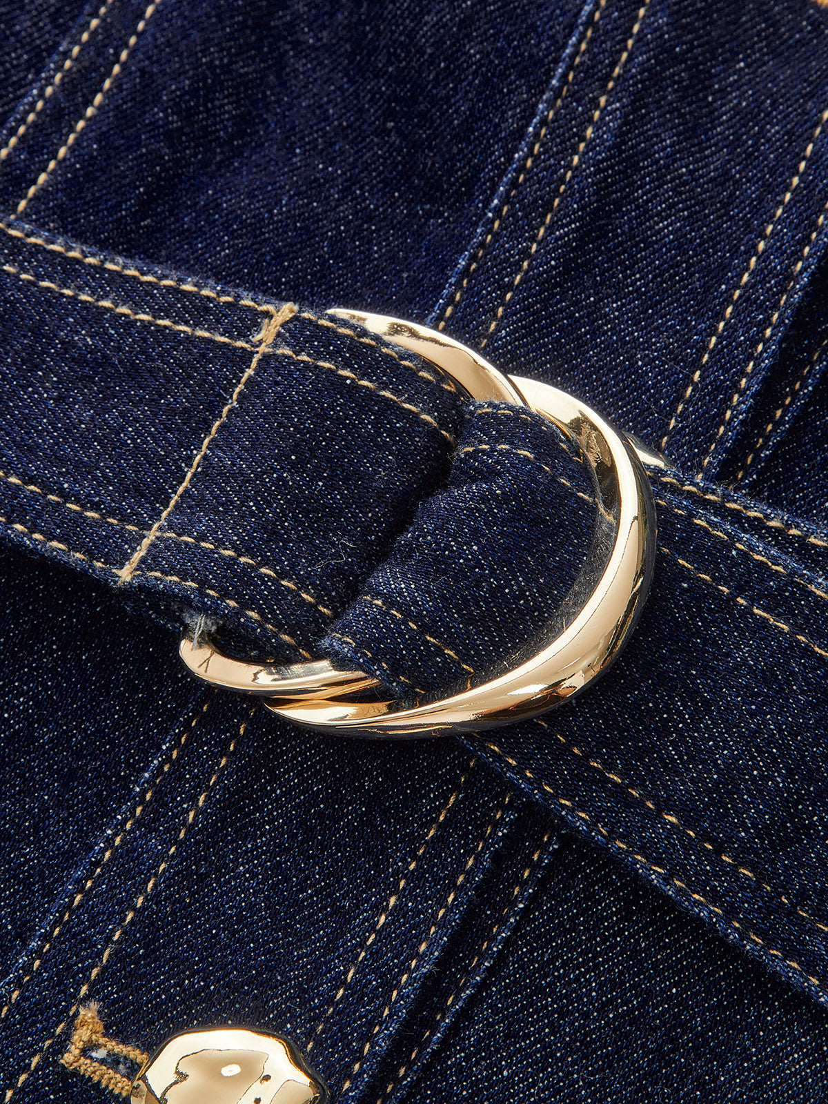 Metal Button Belted Denim Flare Mini Dress-Chicvia