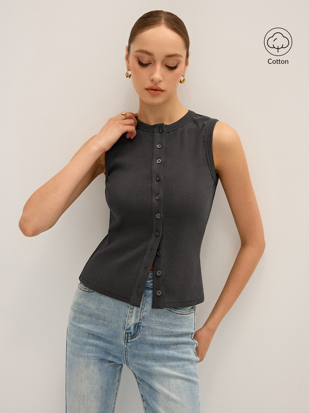 Cotton-Blend Ribbed Button Tank Top-Chicvia
