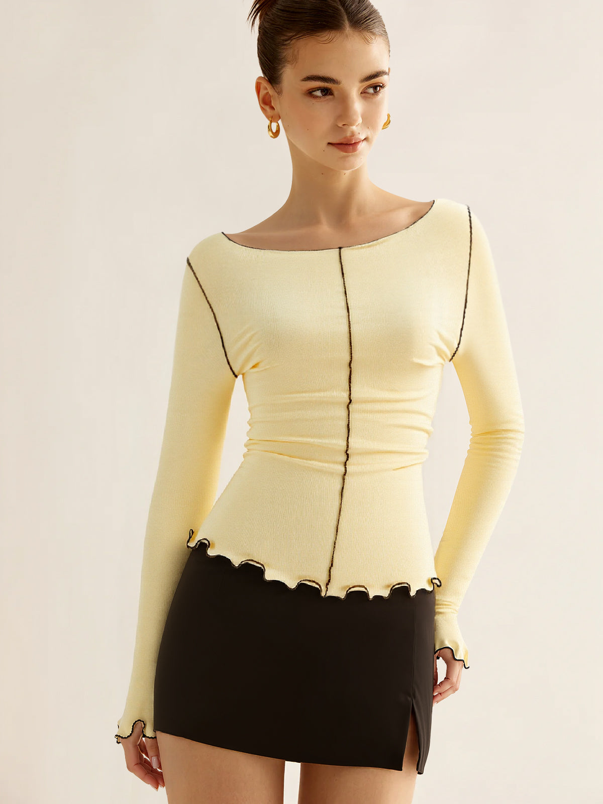 Long Sleeve Contrast Trim Ruffled T-Shirt-Chicvia