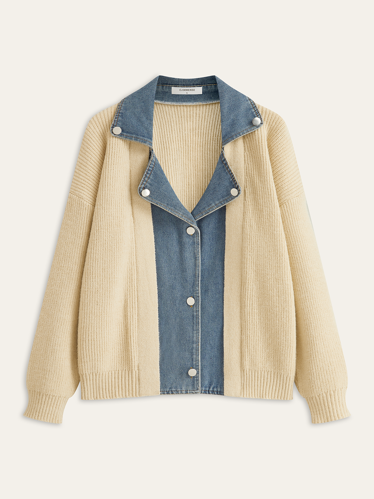 Denim Panel Button Knit Cardigan-Chicvia
