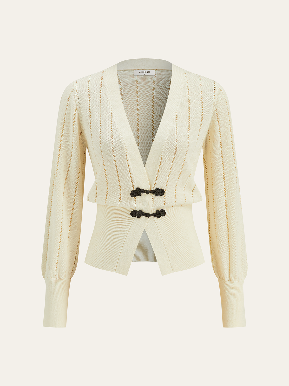 Eyelet-Striped Waist-Cinched Knit Cardigan-Chicvia