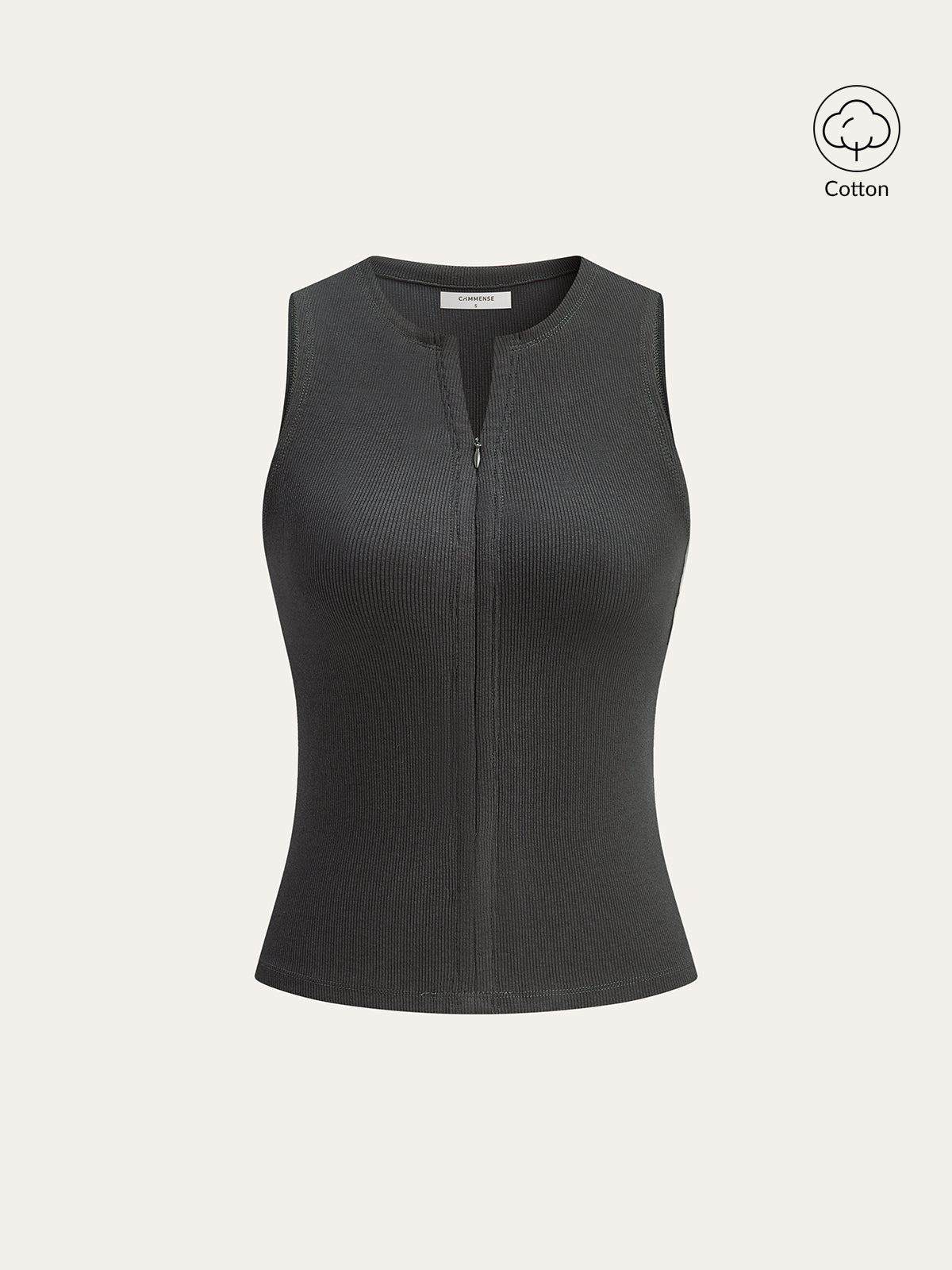 Cotton Blend Ribbed Zip-Front Sleeveless Top-Chicvia