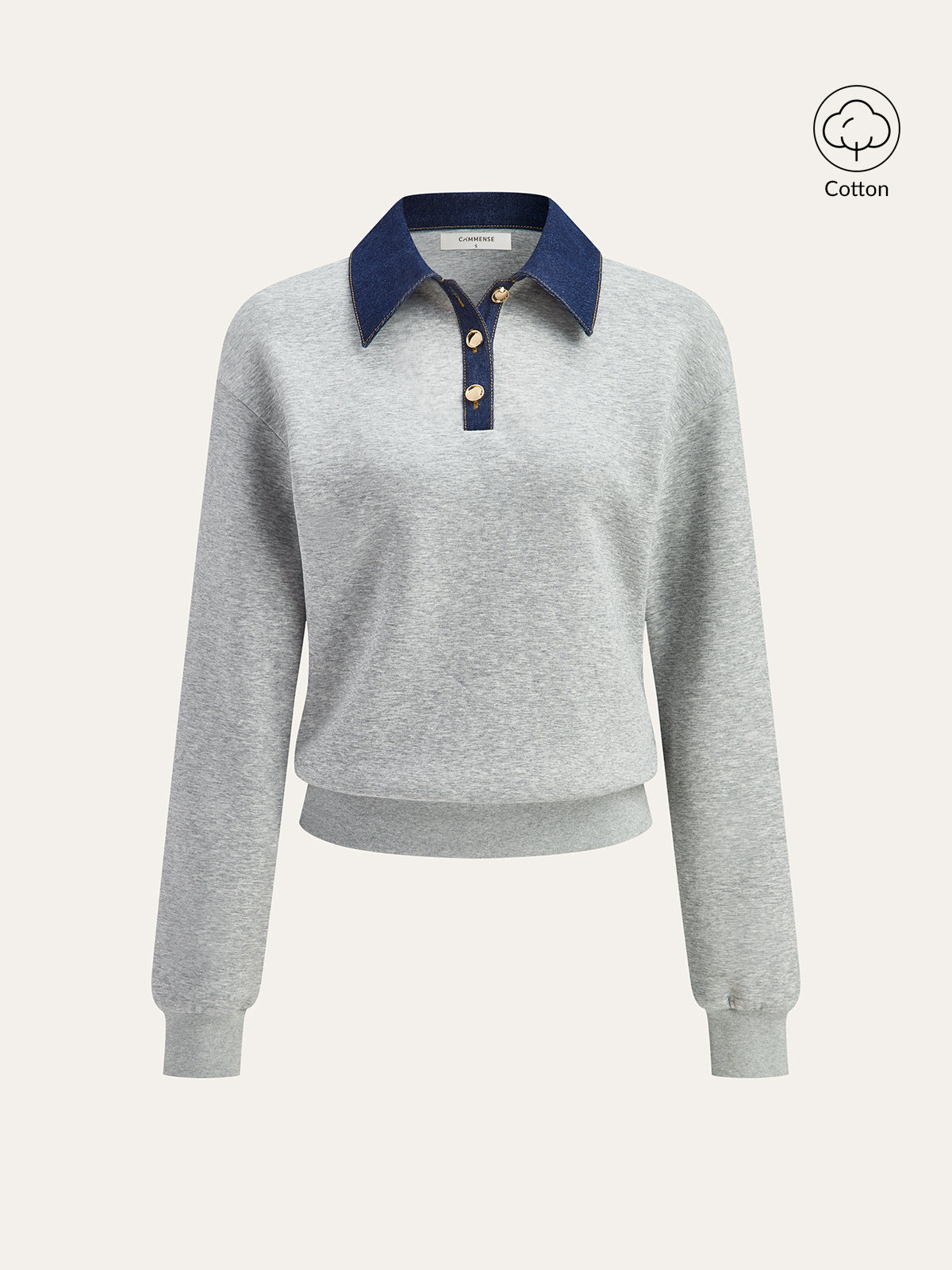 Denim Collar Metal Button Polo Sweatshirt-Chicvia