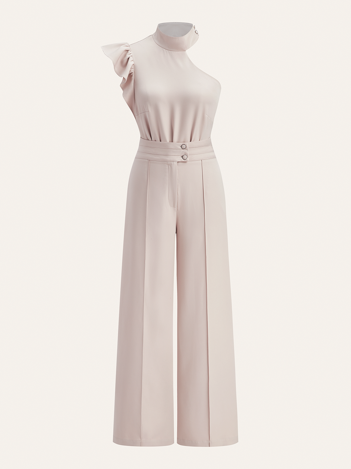 One-Shoulder Ruffled Top and Double-Button Pants Set-Chicvia